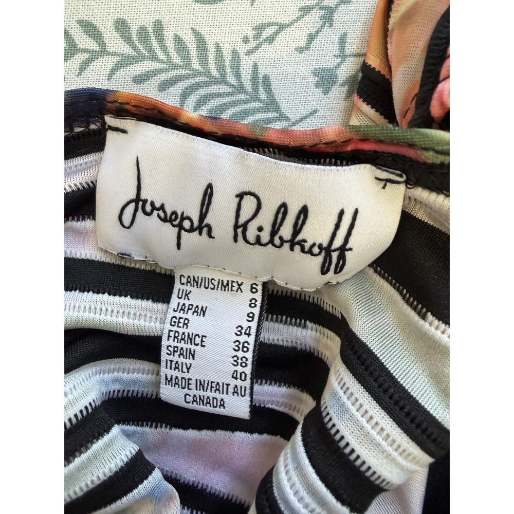 Joseph Ribkoff 6 Abstract Floral Stripe Ruched Draped Dress Short Sleeve V-Neck - Picture 6 of 9